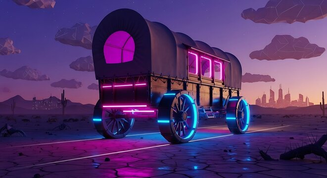 Futuristic covered wagon cartoon in neon desert landscape