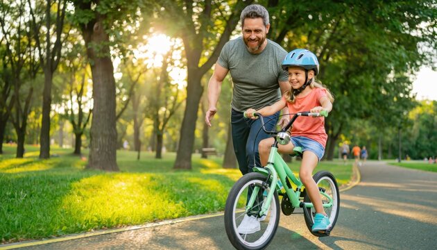 Dad Helps Daughter Learn to Ride Bike in Sunny Park Path