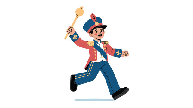 Happy young boy dressed in a blue and red drum major uniform marching and holding a golden mace with excitement.