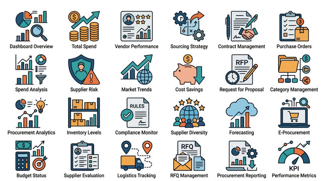 Business icons for procurement, finance, and management concepts