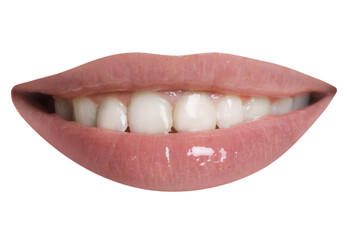 Fototapeta premium Perfect woman`s smile on white background. Dental care for teeth health