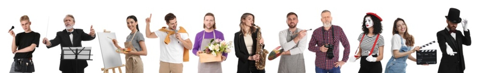 Fototapeta premium People of different artistic occupations, collection of portraits on white background. Choosing profession