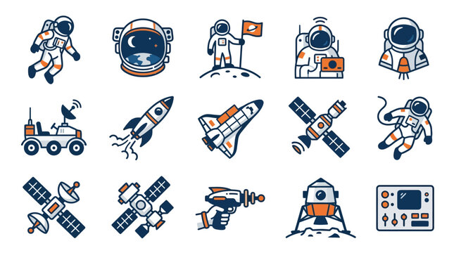 Flat space exploration icons set on a white background
