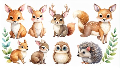Obraz premium Adorable Watercolor Forest Animals Icon Set featuring Cute Woodland Creatures like Foxes, Owls, Rabbits, and Hedgehogs for Child Apparel and Nursery Sticker Packs