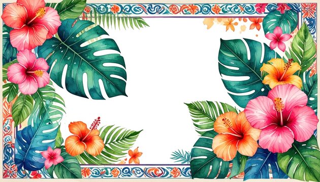Vibrant Tropical Paradise Watercolor Frame with Hibiscus Flowers, Palm Leaves, and Monstera Foliage for Exotic Hawaiian Luau Party Banners and Summer Holiday Cards