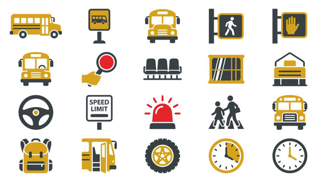 A collection of school bus and transportation vector icons