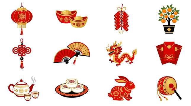 Lunar New Year traditional icons set on white background