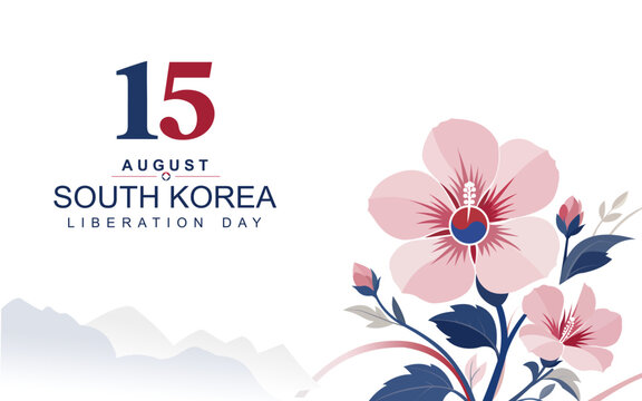 South Korea Liberation Day August 15 Patriotic Floral Banner Design. Mugunghwa flowers, and patriotic typography for August 15 celebrations, cultural events and commemorative promotions.