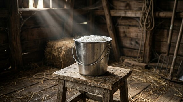 Fresh milk in a metal bucket inside a rustic barn setting.
