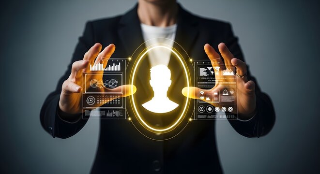 Business professional interacting with a futuristic digital interface displaying data analytics and a human profile icon