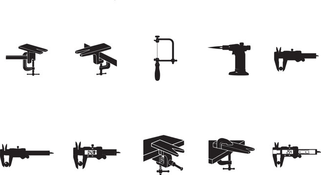Jewelry Making Tools Vector Silhouette Icon Set with Caliper, Bench Pin, Saw, and Torch Isolated on White Background