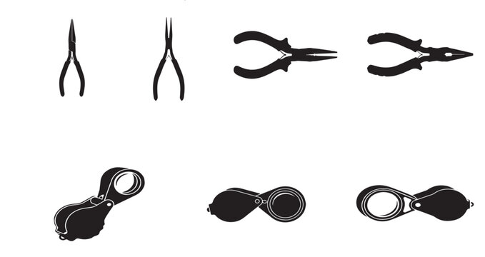 Jewelry Making Pliers and Magnifying Loupe Vector Silhouette Icon Set Isolated on White Background