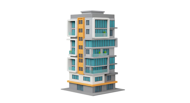 3d icon of modern apartment building with balconies and large windows, isolated on transparent background