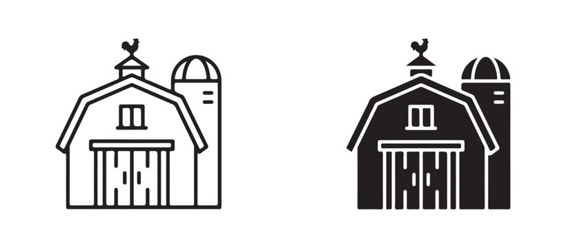 Barn with silo and chicken on roof  farm building with cupola and animals  line icon