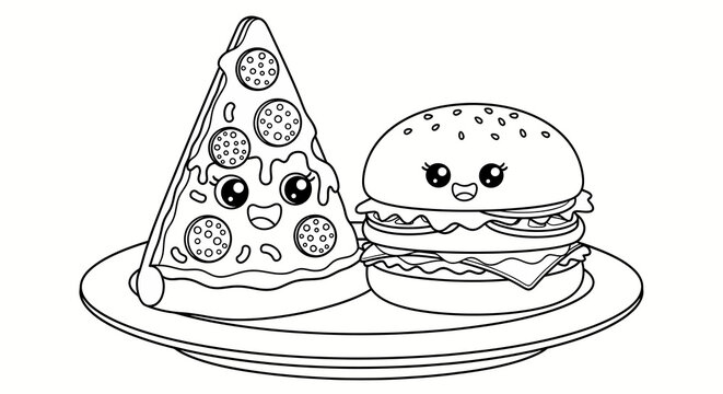 cute food cartoon pizza slice and hamburger on plate for kids menu design