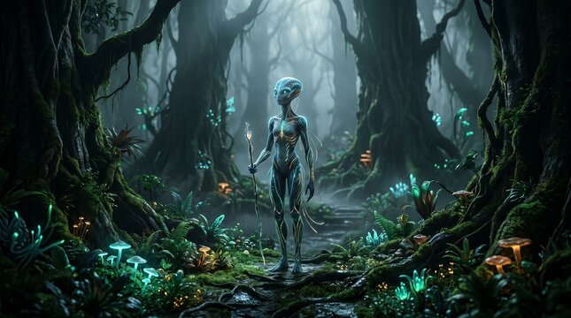 Bioluminescent Alien Lifeform in a Mystical Extraterrestrial Forest