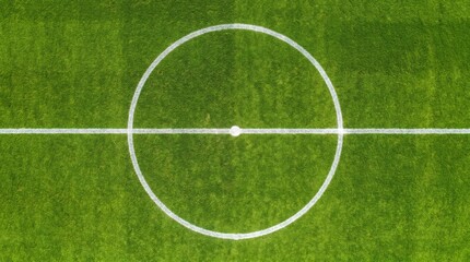 Fototapeta premium Overhead football pitch center circle with horizontal white line