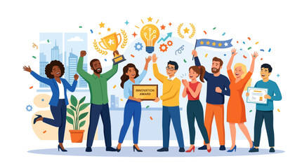 Obraz premium Diverse Team Celebrates Success Holding Trophy and Award at Office