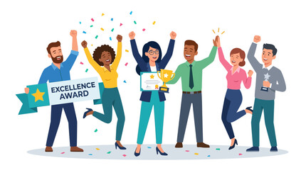 Obraz premium Diverse Team Celebrates Success with Award and Confetti