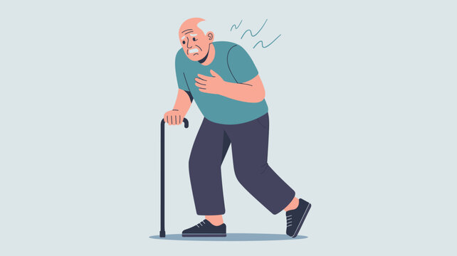 Elderly man with a walking cane experiencing sudden chest pain and distress during a possible heart attack event.