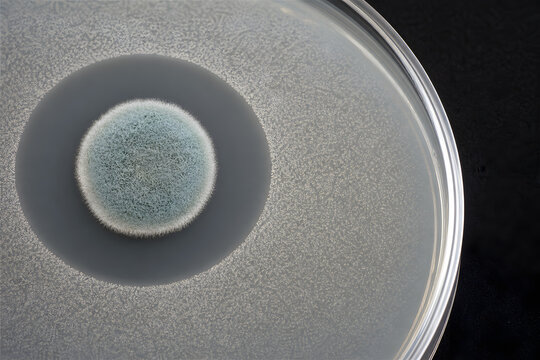 Blue green mold colony inhibiting bacteria in petri dish