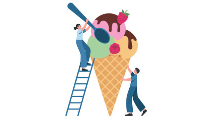 Fototapeta premium Tiny people working together to decorate a giant ice cream cone with chocolate, strawberry, and mint scoops.
