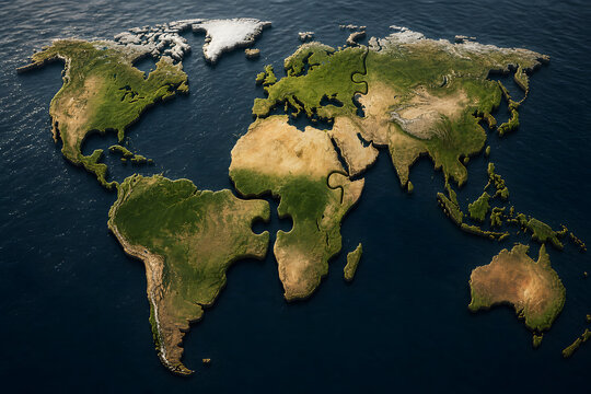 Jigsaw continents illustrating continental drift across dark ocean