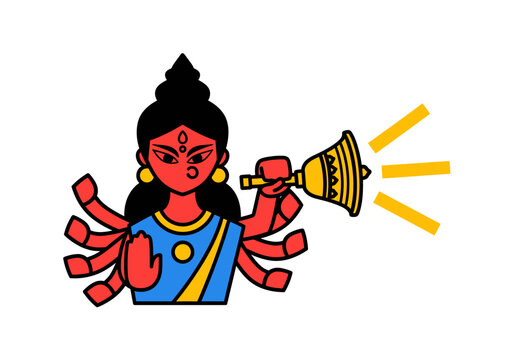 Goddess Durga Rings Bell with Multiple Arms