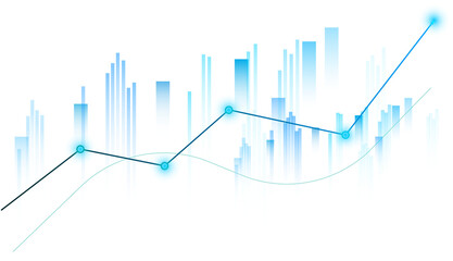 Abstract digital financial stock market graph with blue growing arrow line and cyber city skyscraper concept on transparent background. © HS 360
