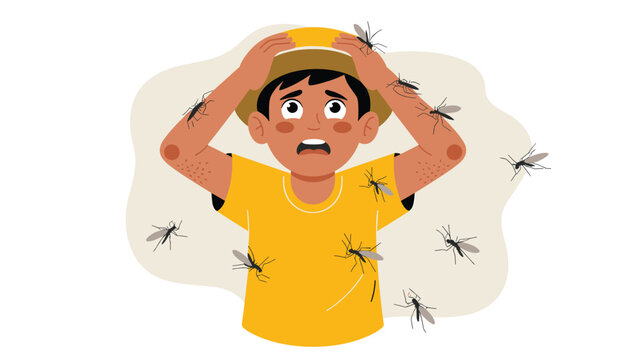Terrified young boy covers his head as a swarm of large mosquitoes attacks him, highlighting insect prevention and health concerns.