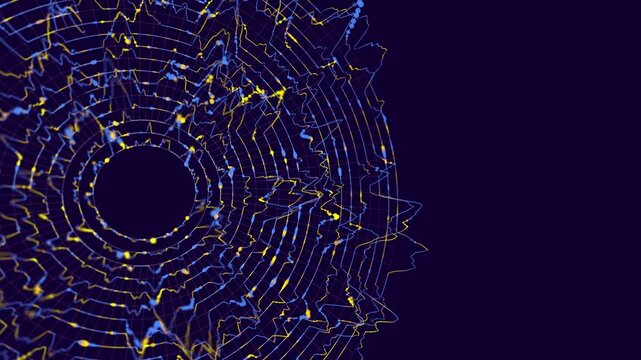 Abstract digital technology disk. Big Data. Circles data noise flow. Futuristic circular infographic wave. 3D visualization VR cyberspace. Cryptocurrency and technology concept. DOF.