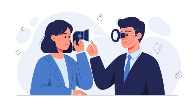 Businessman looking through telescope while businesswoman takes photo, business strategy and vision concept