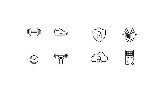 Fitness and digital security icon pack with dumbbells weightlifting sports shoes stopwatch and cyber data protection elements for modern app design.