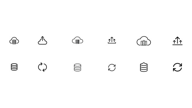 Set of 12 vector icons, such as cloud with database, upload to cloud, database, and refresh, editable stroke.