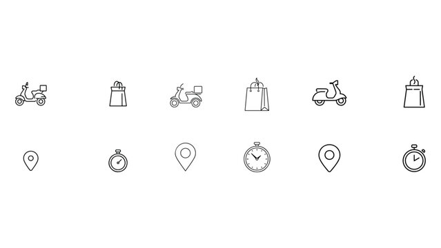 Delivery service line icons collection featuring scooters and shopping bags with time and location pin symbols for logistics and order tracking businesses.