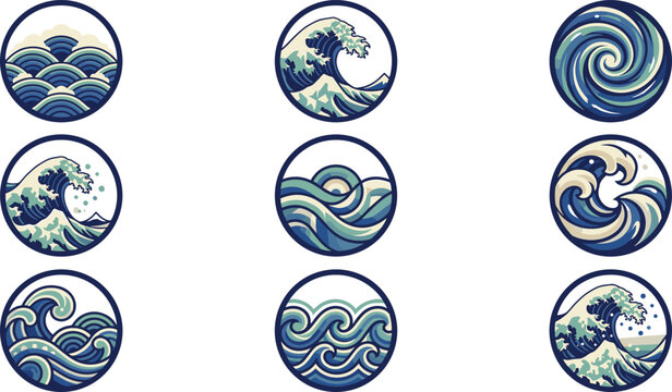 Traditional Japanese Ocean Wave Icon Set with Oriental Sea Surfing Crests Big Tsunami Badges and Vintage Ukiyo-e Kanagawa Style Circular Wave Elements