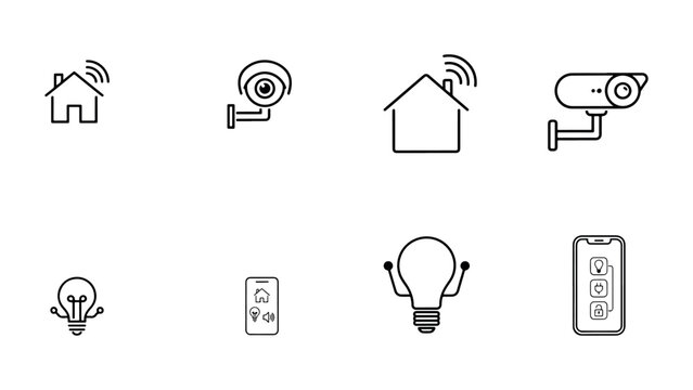 Set of smart home automation icons featuring connected houses security cameras light bulbs and mobile control systems for modern technology development.