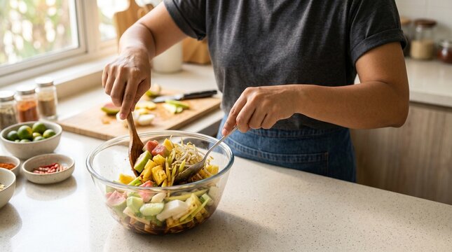 Healthy Vegan Rujak Salad Preparation with Fresh Tropical Fruits and Vegetables in Modern Kitchen