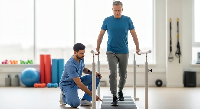 Physiotherapist guiding foot path in parallel bars shows gait practice balance retraining and walking recovery concept for clinic marketing and healthcare stock use daily