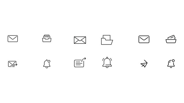 Email and notification outline icon set, message, inbox, outbox, and send mail symbols illustrate communication, digital correspondence, and alerts on a transparent background.