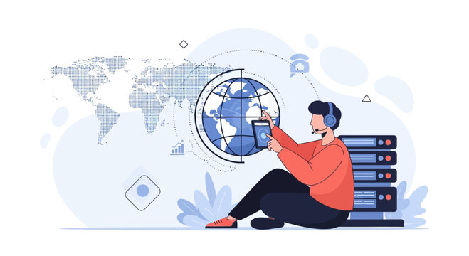 Global Tech Support Operator with Server Rack and World Map