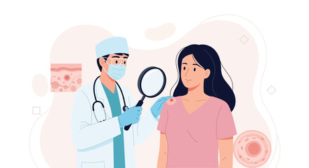 Obraz premium Dermatologist Examining Patient's Skin Condition with Magnifying Glass - Medical Illustration