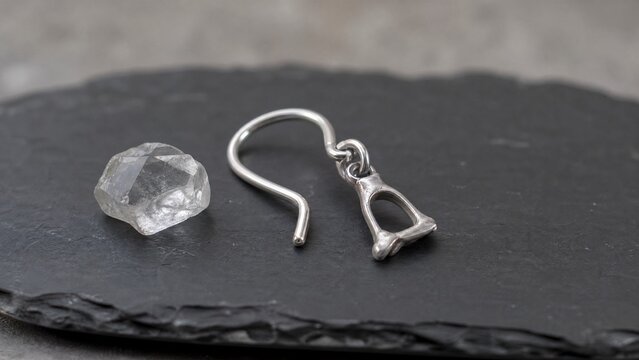 stapes. Sterling silver stapes bone earring and quartz crystal on dark slate, jewelry presentation. lifestyle magazines.