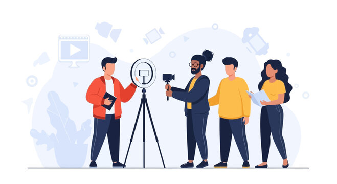Diverse Team Filming Video Content with Camera and Ring Light, Modern Vector Illustration