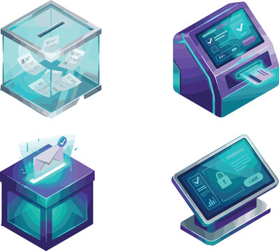 Futuristic Electronic Voting Machine and Isometric Ballot Box Icon Set with Secure Digital Kiosk Terminal Graphics for Cyber Election UI Design