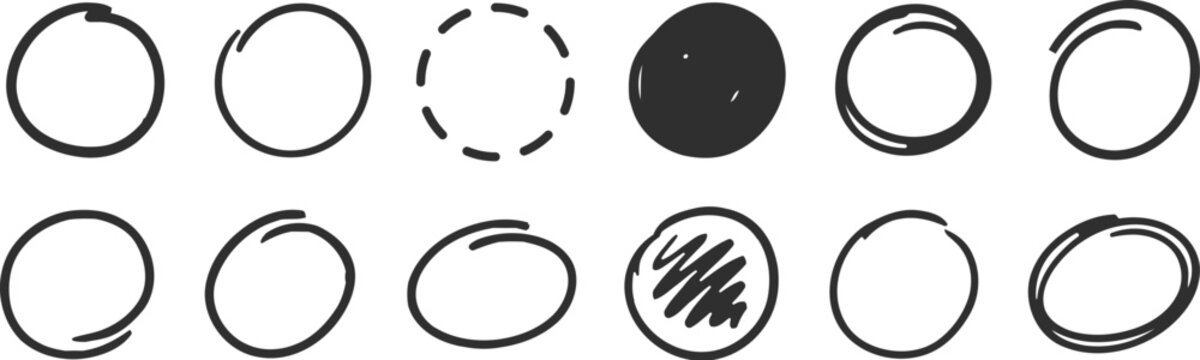 A set of various hand drawn circles and ovals in black