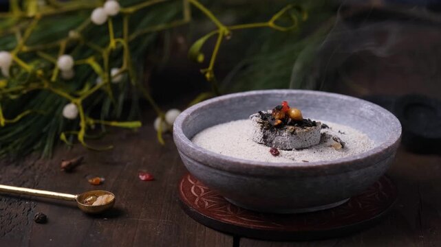 Incense burning on glowing charcoal with dark background
