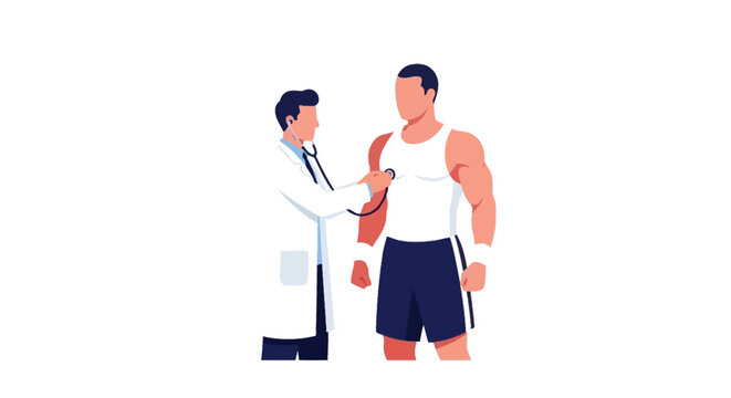 Doctor examining athlete's heart with stethoscope, health checkup concept
