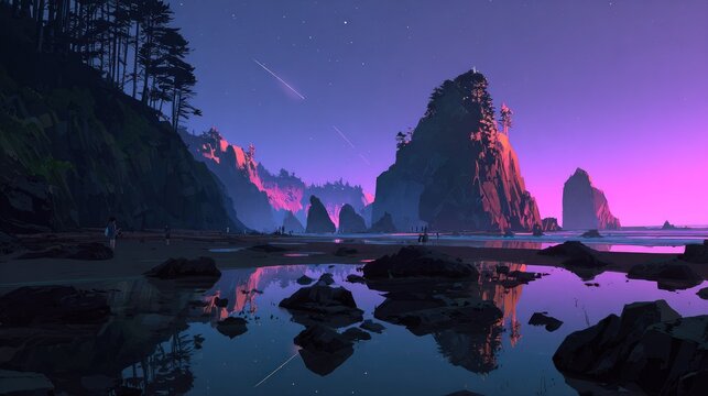 Dramatic twilight illuminates a coastal scene featuring sea stacks and reflective tidal pools