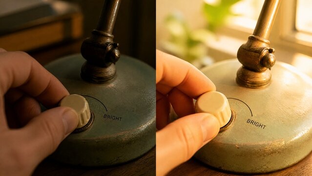 rotary. Close-up of a ceramic rotary knob on a vintage lamp being turned. product launch decks, UI/UX mockups, designed for data visualization dashboards and holographic UIs, highlights innovation.